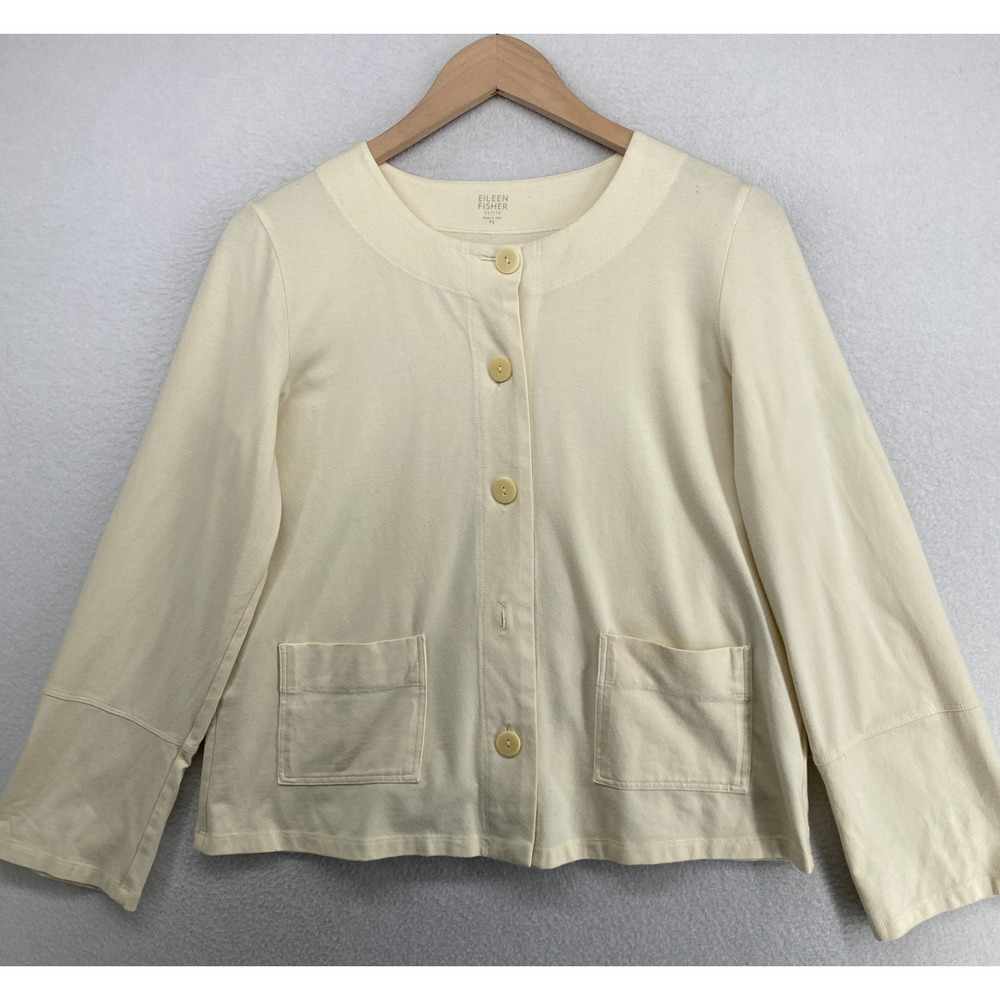 EILEEN FISHER Jacket PS Stretch Organic Cotton Chore Cardigan Off White USA
